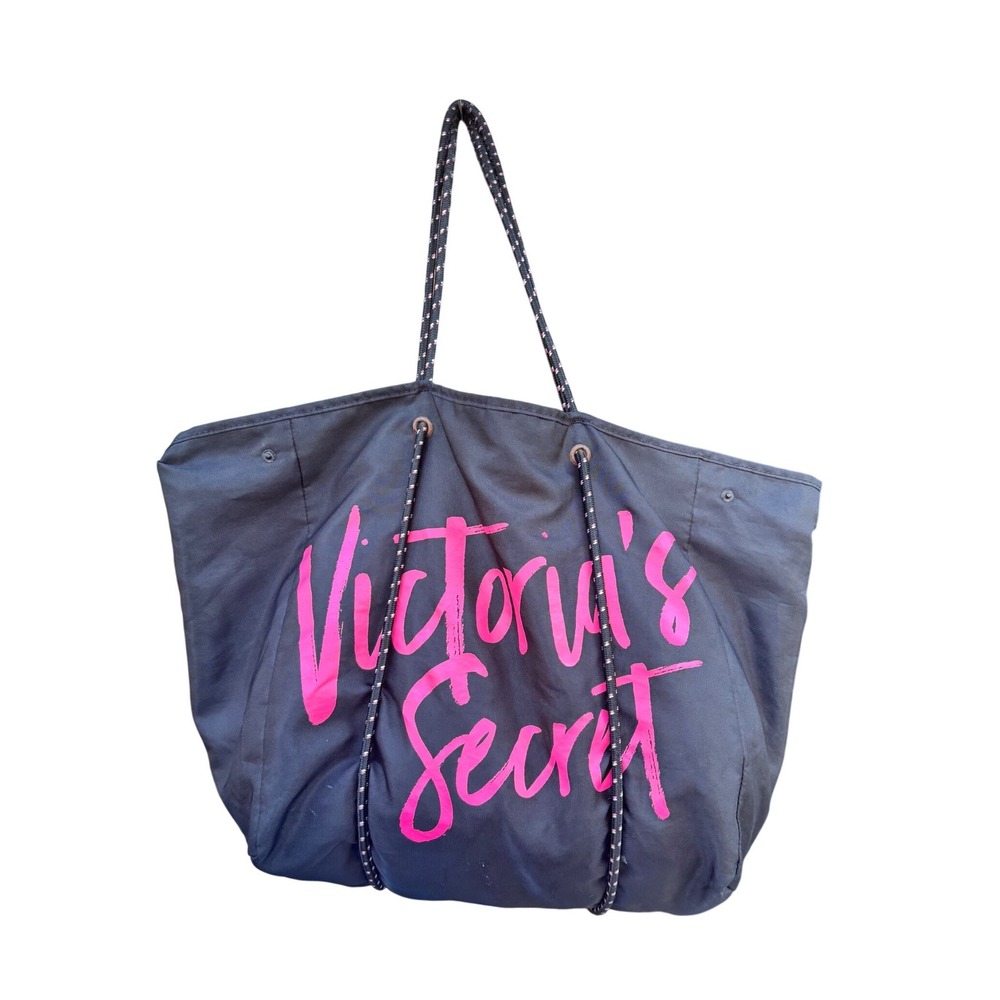 Victoria's Secret Black Canvas Tote Bag Pink Logo Rope Handle Beach Gym Travel